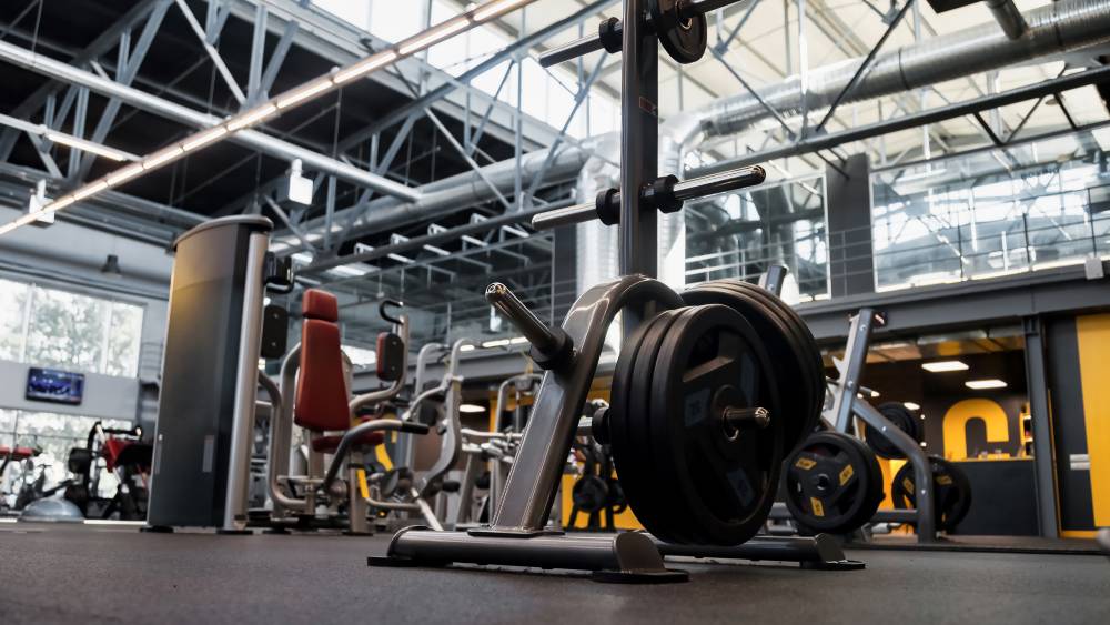 A new fitness center interior with sports equipment.