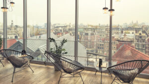 Cozy cafe with view of Amsterdam city