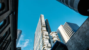 Modern high building towering against the city skyline