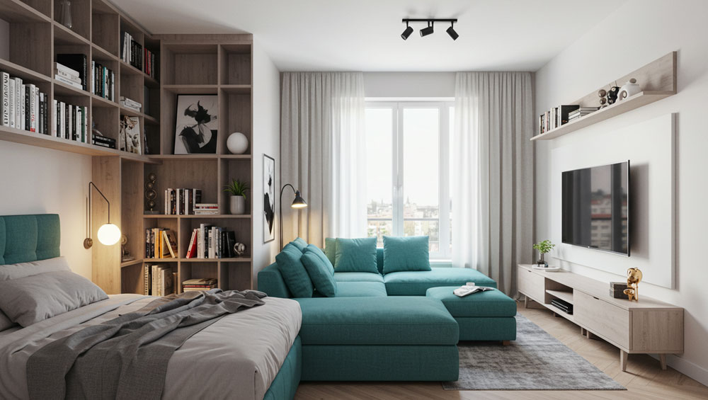 Bed in cozy studio apartment