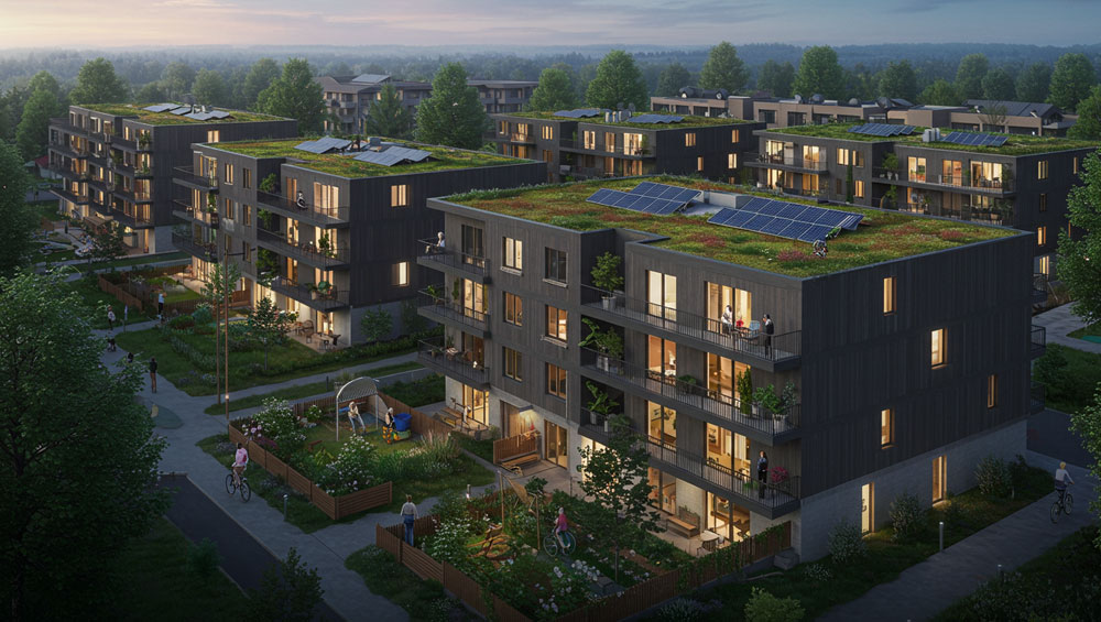 Modern condo with rooftop solar panels