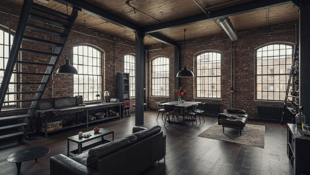 Loft with metal beams and concrete floors