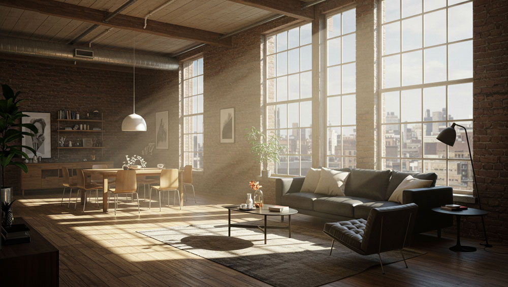 Loft with large windows and daylight