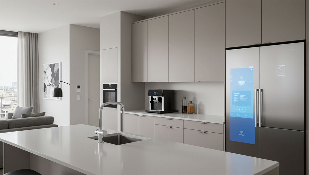 High-tech condo kitchen with smart appliances