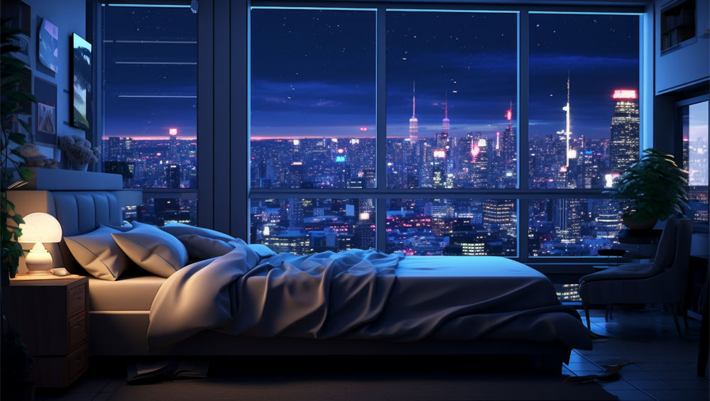 City lights illuminating bedroom at night