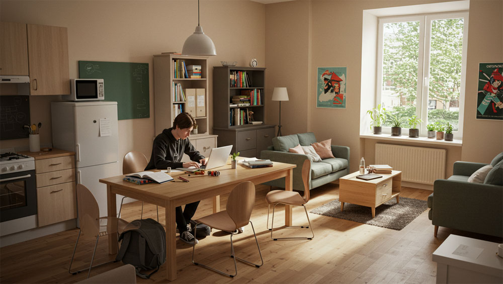 Young student sitting at desk in apartment
